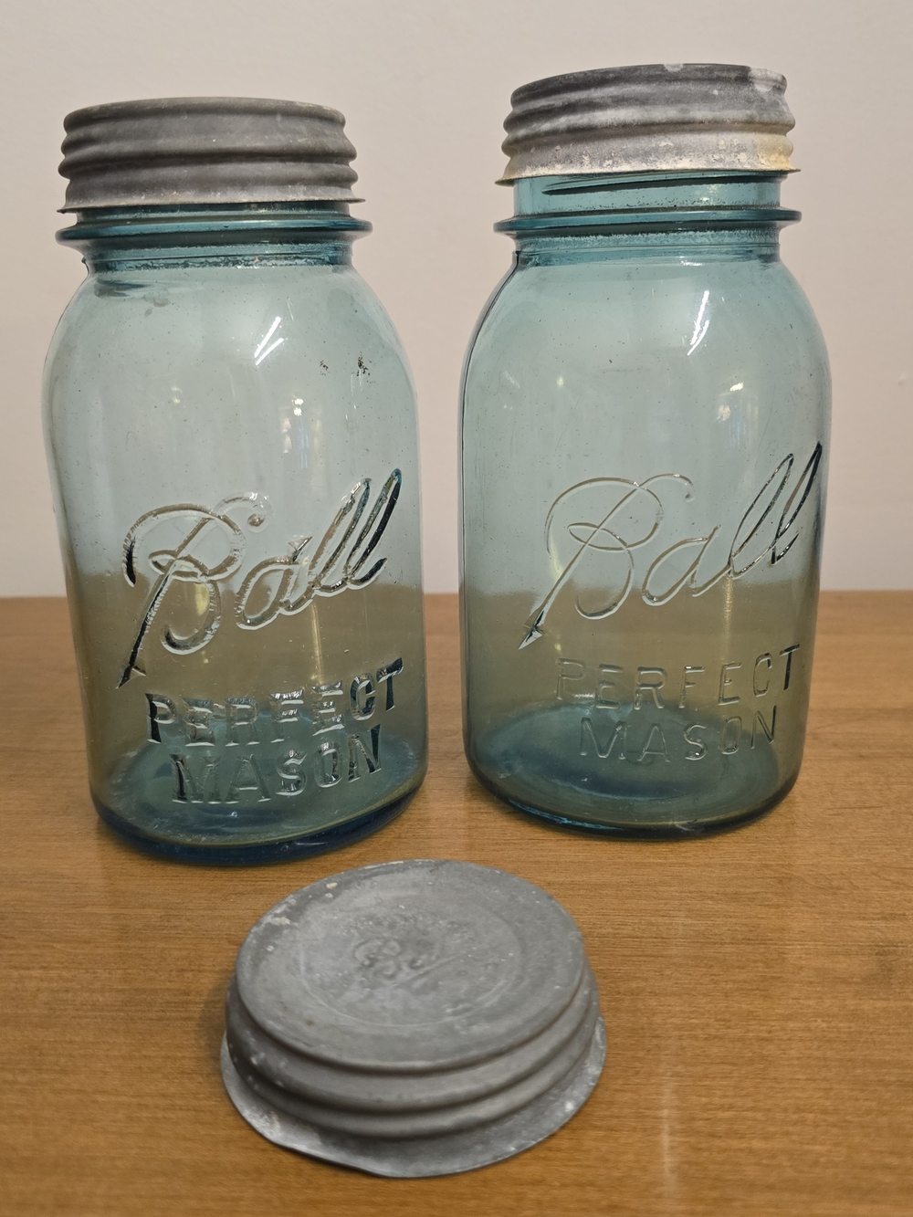 Vintage Ball Perfect Mason Blue Glass Jars With Antique Lids- Set of 2